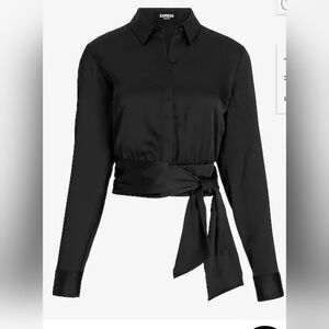 EXPRESS Satin Tie Front Banded Bottom Portofino Shirt